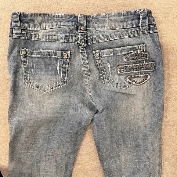 Harley Davidson distressed ripped low rise jeans. Gem and stud details. - Picture 14 of 15